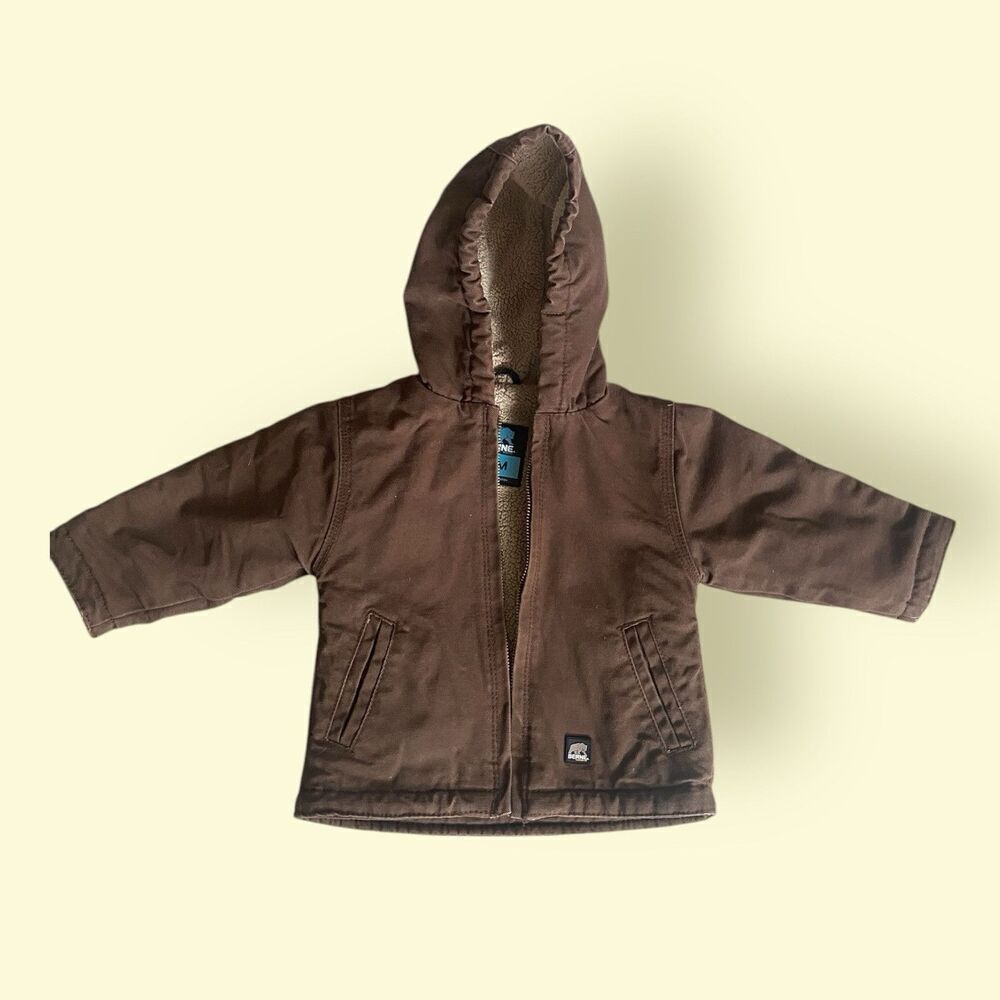 *Berne Infant/Toddler Jacket Size 12 Month Canvas Chore Lined Hooded Coat Brown
